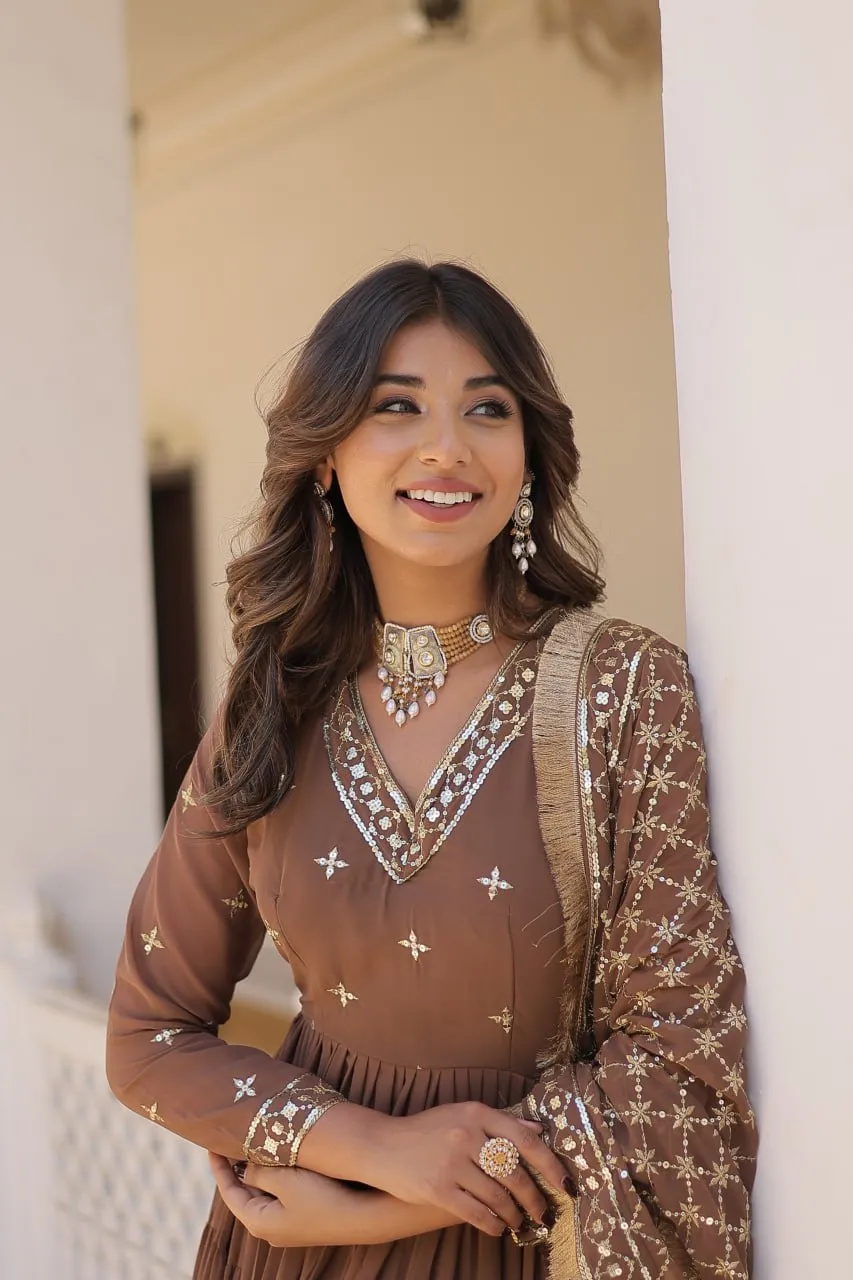 Enthralling Sequin Embroidered Coffee Color Gown with Designer Dupatta - Festive Wear